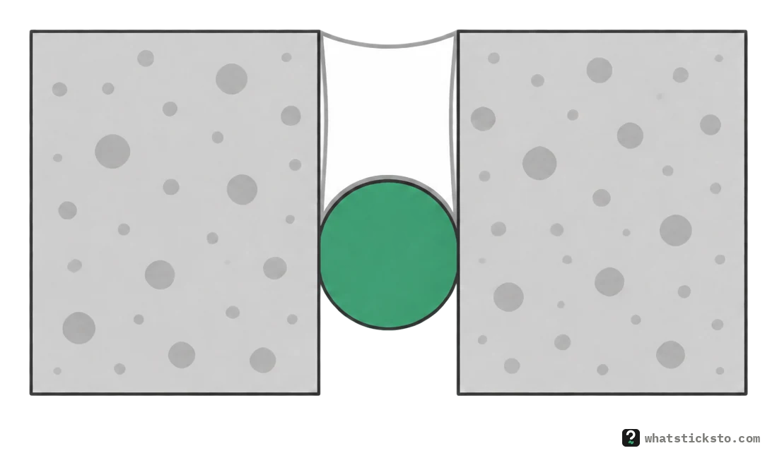 A joint between two concrete slabs, cut away: a round foam backer rod sits down in the gap and the caulk fills the space above it.