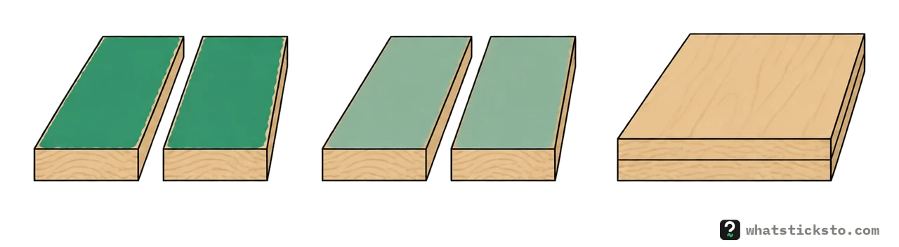 Three steps: two boards each coated with cement, the coats left to dry, then the two surfaces pressed together.