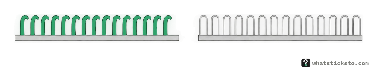 Two strips side by side: one covered in small stiff hooks, the other in rows of plain loops.