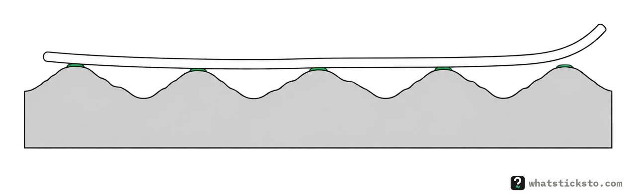 A strip of peel-and-stick wallpaper over a bumpy textured wall, touching only the tops of the bumps.