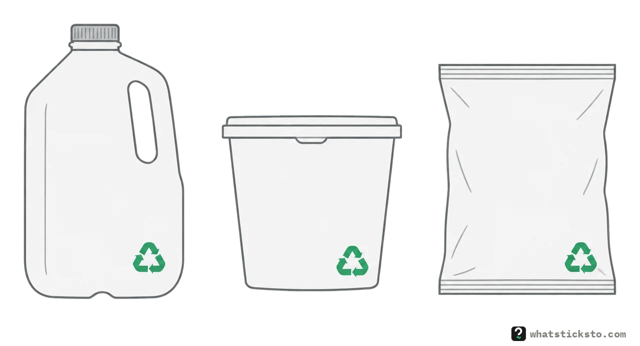 A plastic jug, a tub and a bag, each with a recycling triangle of arrows molded into it.
