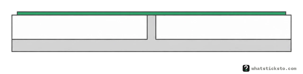 Cut-away of two square-edged tiles with a level grout line between them, and a thin tile sticker lying flat across the top.
