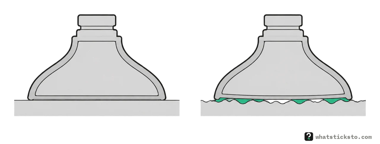 Two suction cups: on the left one sealed flat on a smooth surface; on the right one on a textured surface, with gaps under its rim.