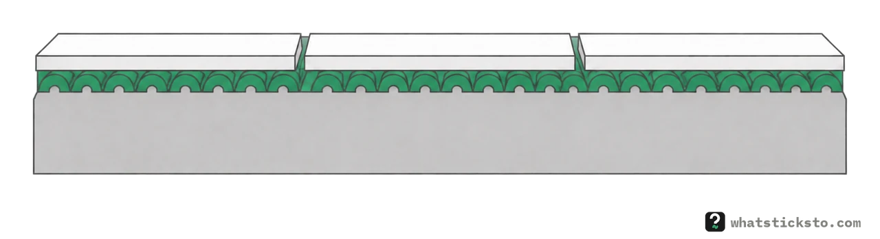 Tiles cut away to show the layer under them: ridges of mortar spread on the surface below.