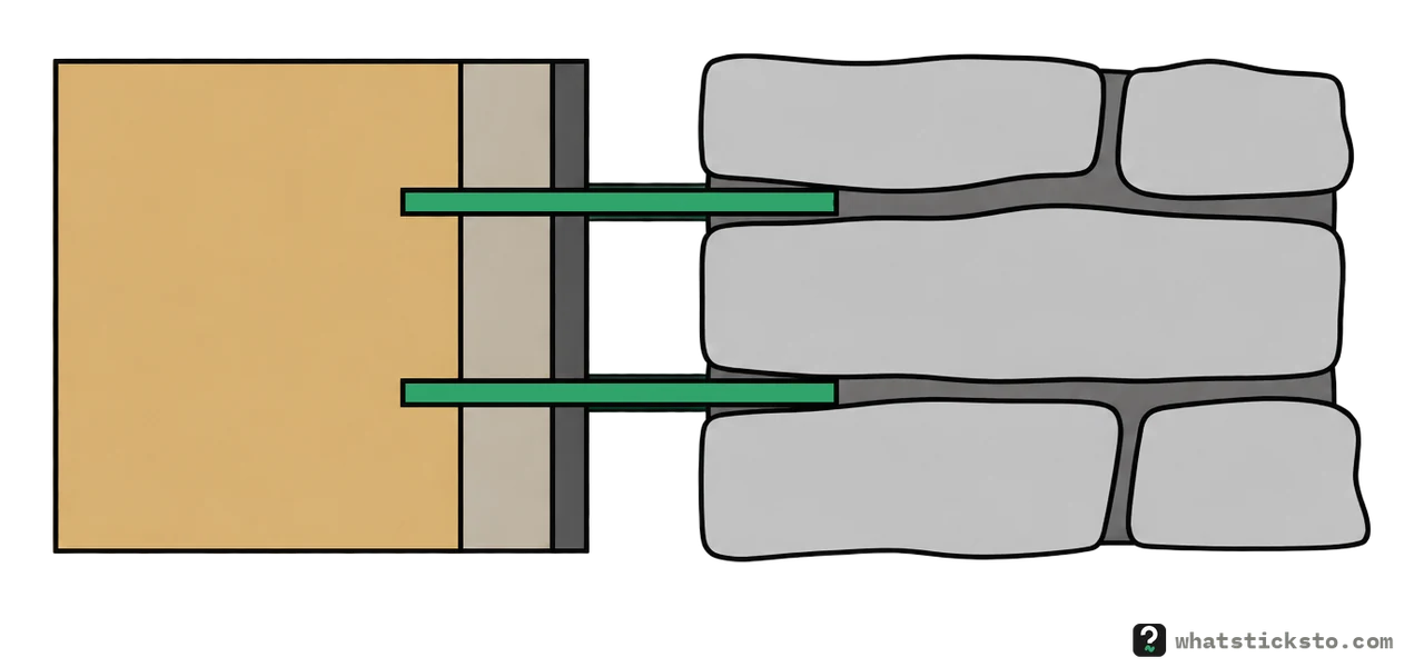 Wall cut-away: a wood stud, the siding, tarpaper over the siding, an empty air space, then stones in mortar, with metal ties running from the wall across the gap into the mortar joints.